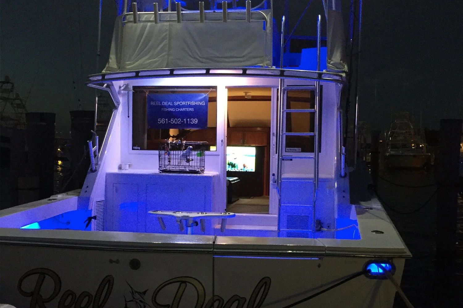 The transom of the Reel Deal at Sailfish Marina