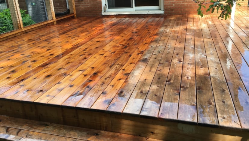 A cedar deck with fresh stain