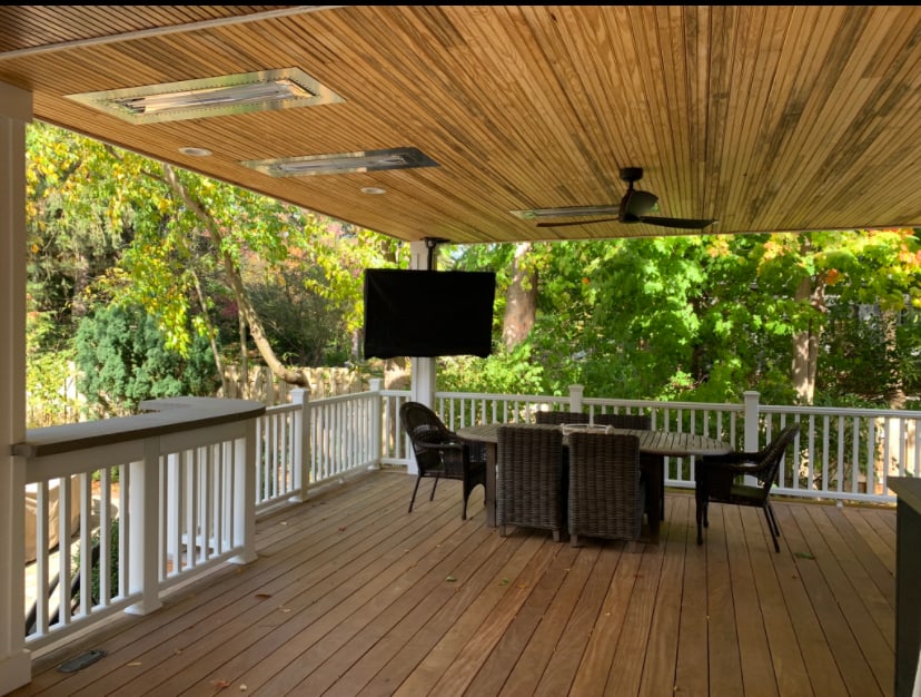 A covered deck after staining