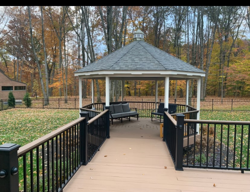 A stained deck and gazebo