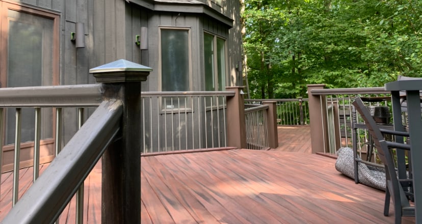 A deck railing after staining