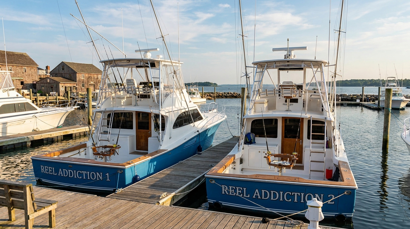 Illustration of two sportfishing boats named Reel Addiction 1 and 2 tied up at a dock