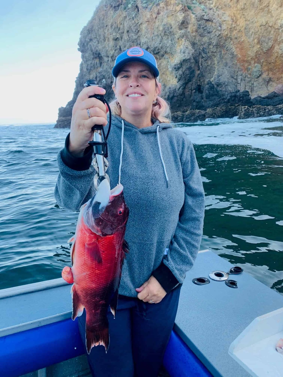 The same California sheephead after ikejime, its red still vivid