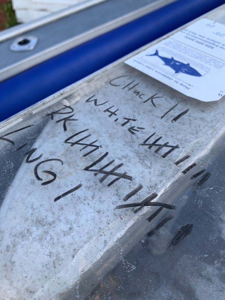 A fish tally in marker on the hatch lid