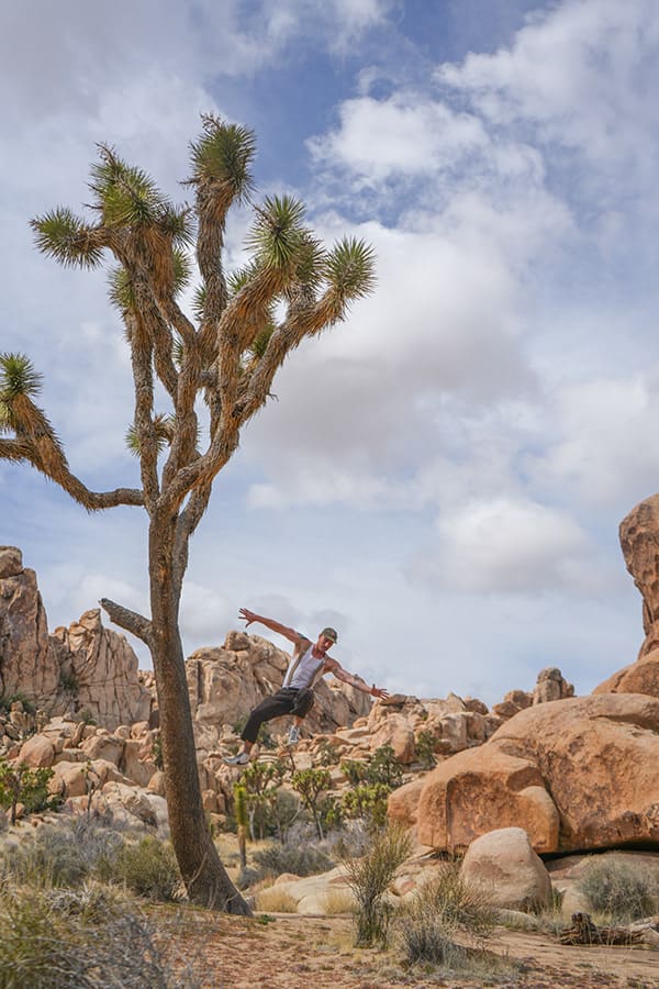 A man leaps in mid-air beside a tall Joshua tree in a rocky desert landscape