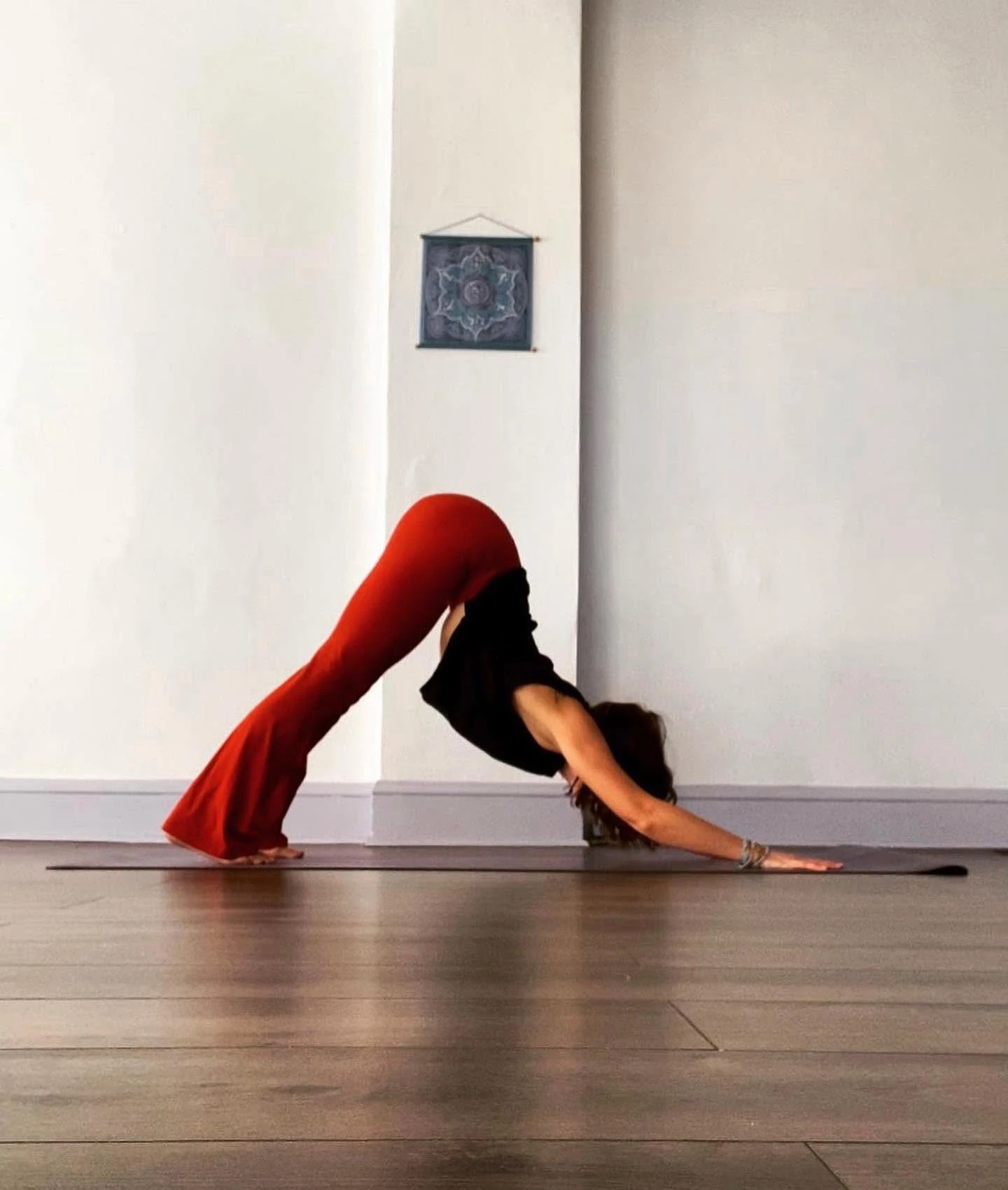 A student in downward dog on her mat beneath the mandala at Lakewood Yoga