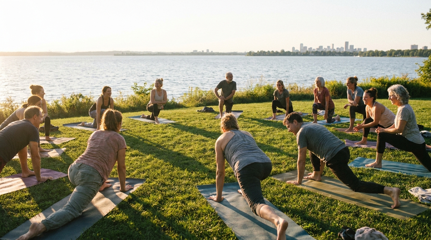 A large outdoor yoga class on the lakefront at sunset, the Cleveland skyline on the horizon