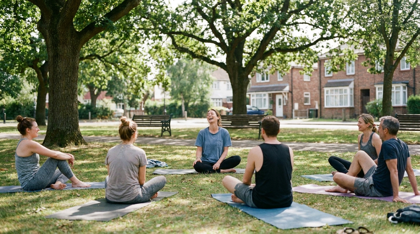 An outdoor yoga class on the grass in Lakewood Park on a summer morning