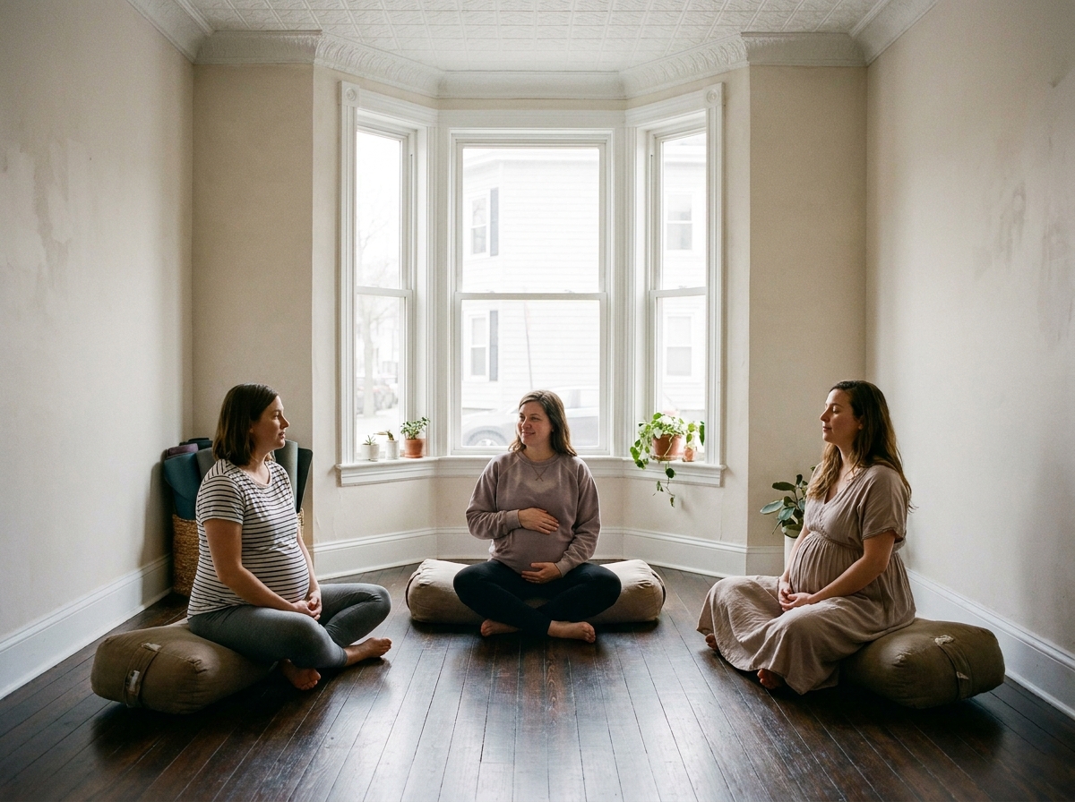 A small prenatal yoga class seated on bolsters in a quiet, daylit room