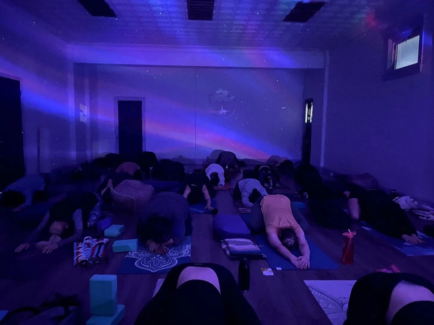 A restorative class resting in child's pose under a starry night projector at Lakewood Yoga