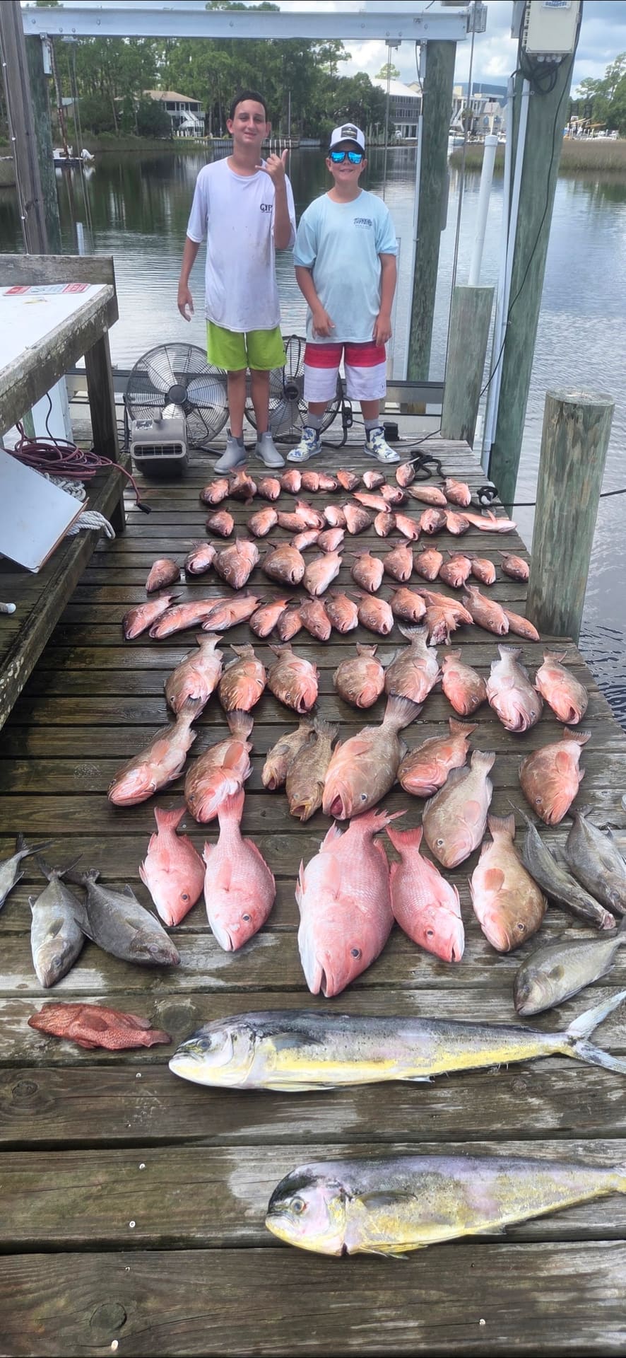 Two young boys standing behind rows of freshly caught fish on a wooden dock