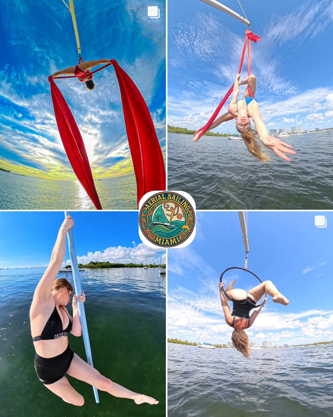 Aerial acrobats performing silks and hoop acts on a sailboat in Miami