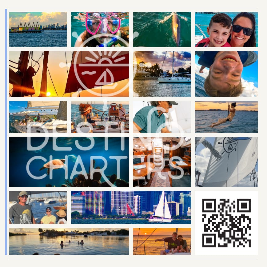 Sailing charter collage featuring snorkeling, sunsets, cityscapes, and families on boats