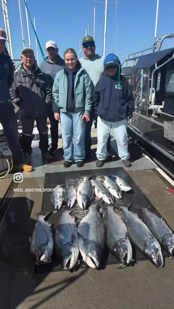 A group on the dock behind a row of king salmon