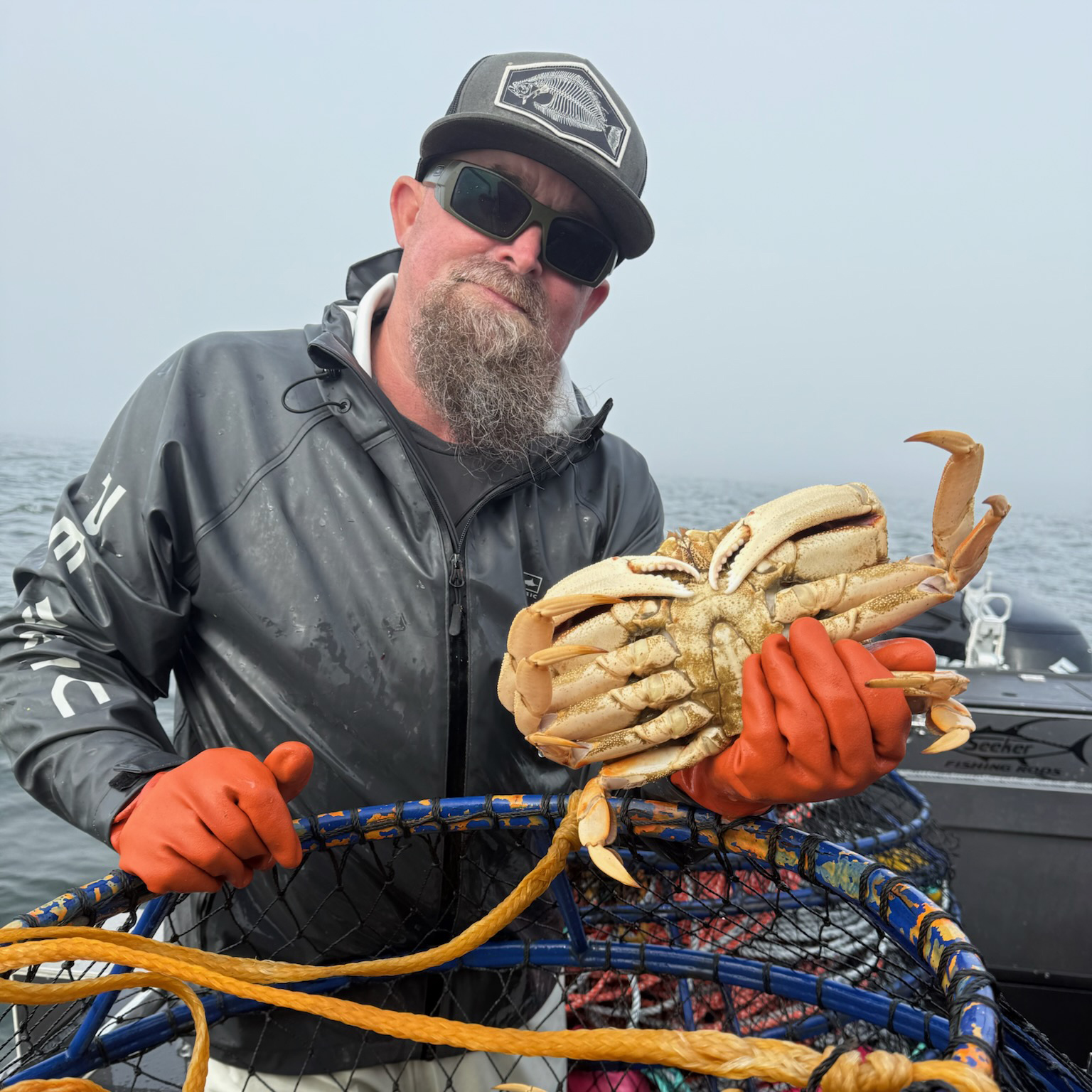 Deckhand holding a big Dungeness crab over the net