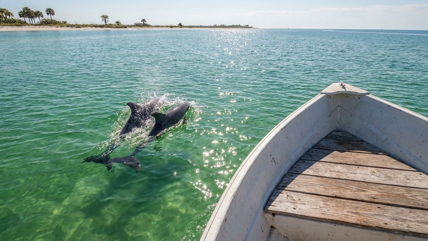 Two dolphins surfacing beside the bow of a boat on calm green bay water