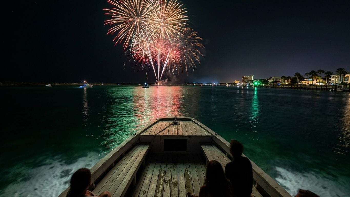 Fireworks bursting over the bay at night, seen from the bow of a boat
