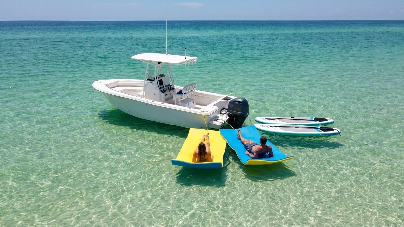 Floating lily pads and two paddleboards tied off the stern of a boat anchored in clear, shallow emerald water