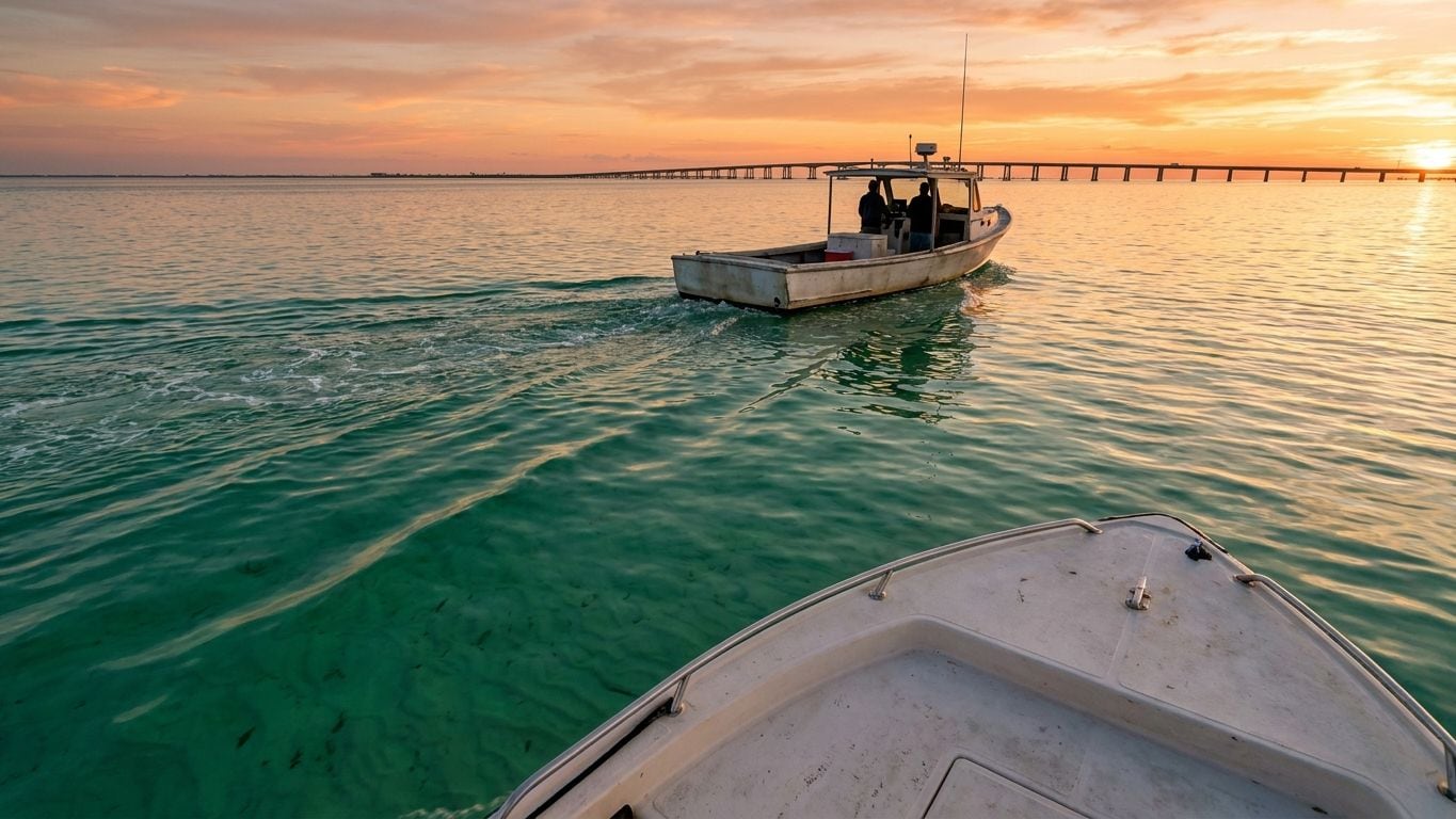 A boat cruising across the bay at sunset with a long bridge on the horizon