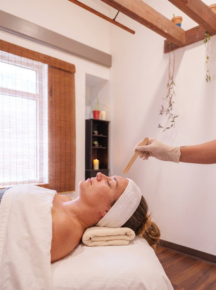 A relaxed client during a brow wax at The Studio Cleveland