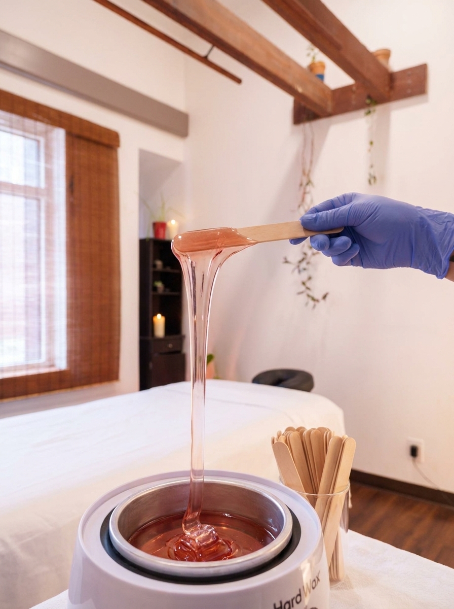 Warm hard wax lifted from the warmer on a wooden spatula