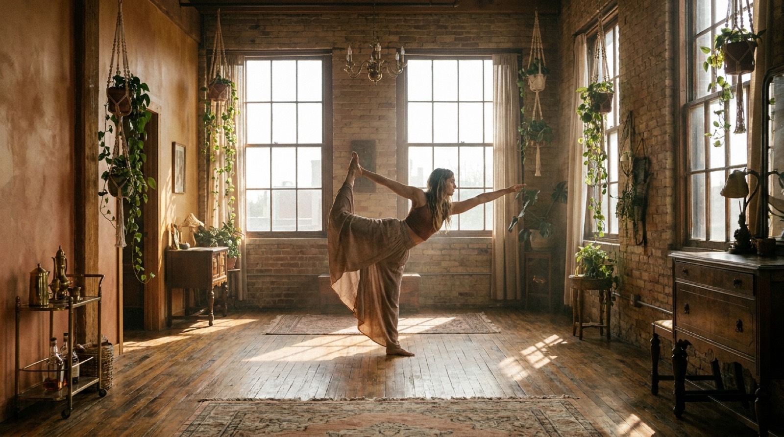 Yoga practice in the brick loft studio at The Studio Cleveland