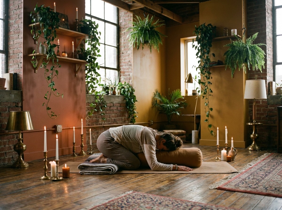 A restorative yoga class at The Studio Cleveland