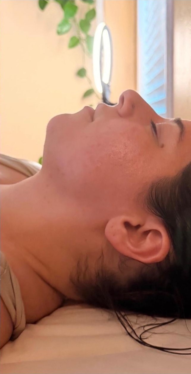 After — a real client's jawline and neck, before and after a facial lymphatic drainage session