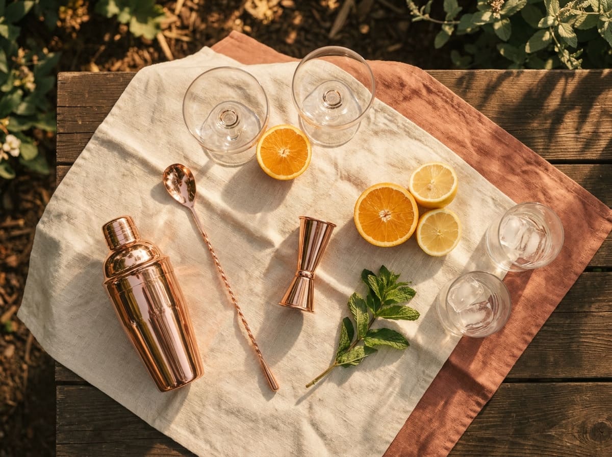 Copper cocktail shaker, jigger, citrus slices, mint, and glasses on linen cloth