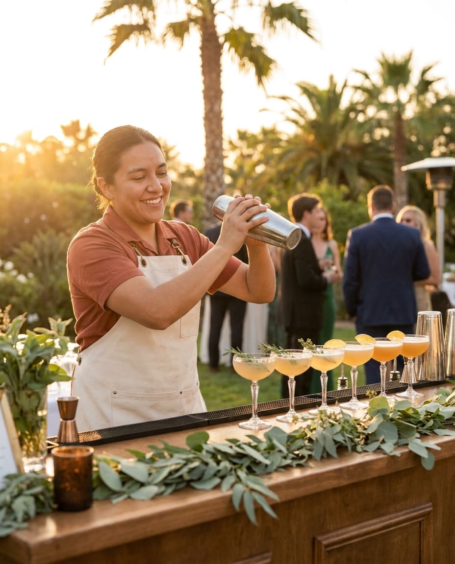 Smiling bartender shaking cocktails at an outdoor event bar at golden hour