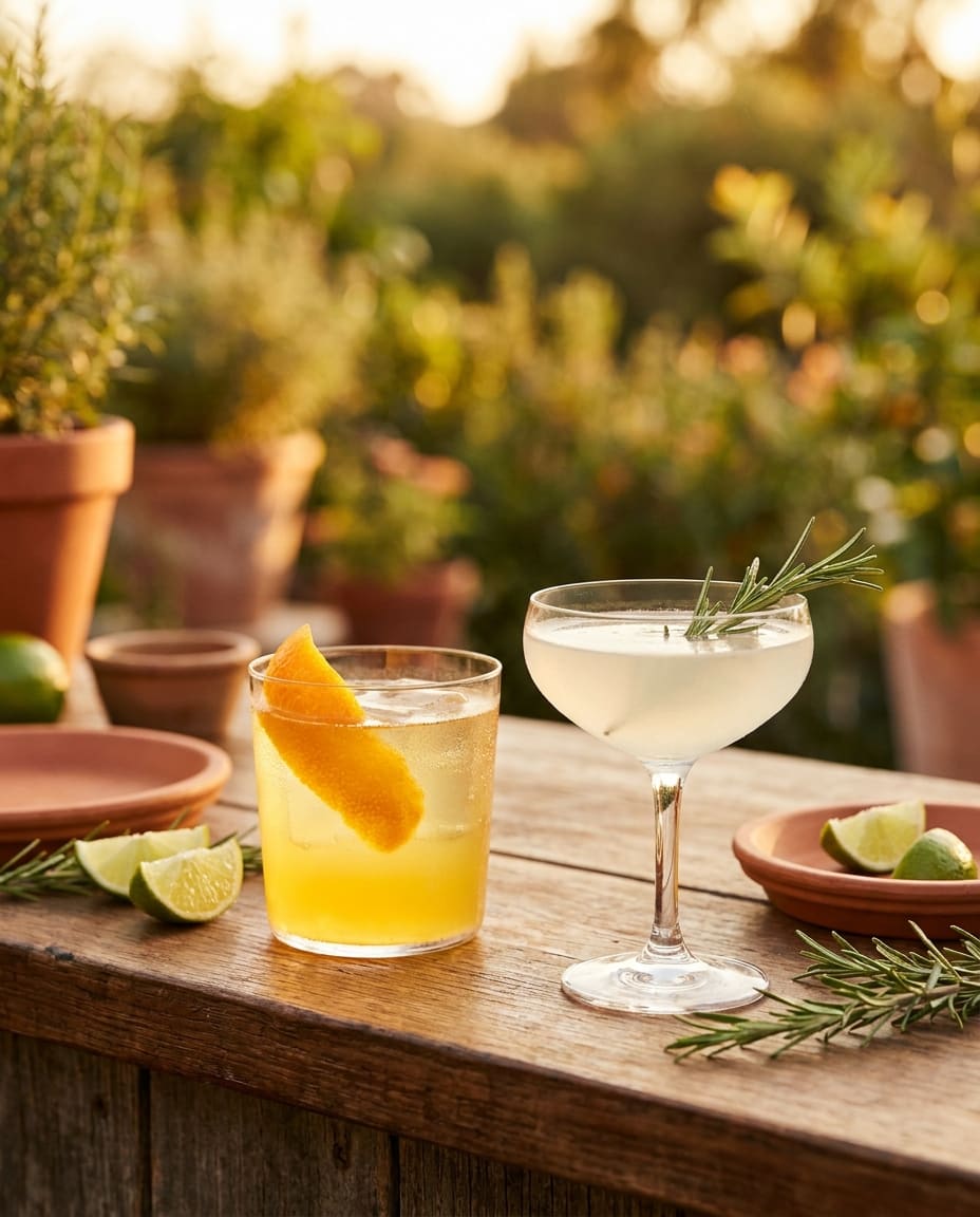 Two craft mocktails on a rustic wooden table surrounded by limes and rosemary