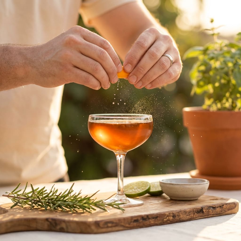 Hands expressing citrus peel over an amber cocktail on a rustic wooden board