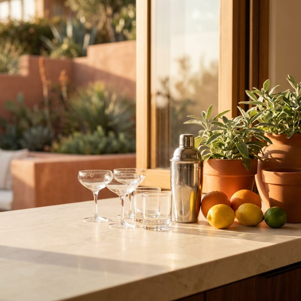 Cocktail shaker, coupe glasses, citrus fruits, and terracotta pots on marble counter
