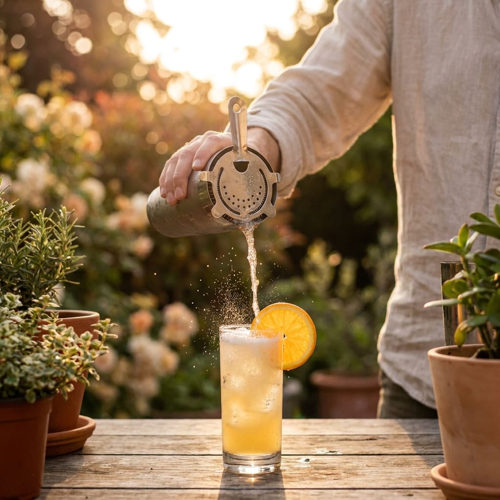 Person pouring cocktail shaker into citrus garnished highball glass outdoors