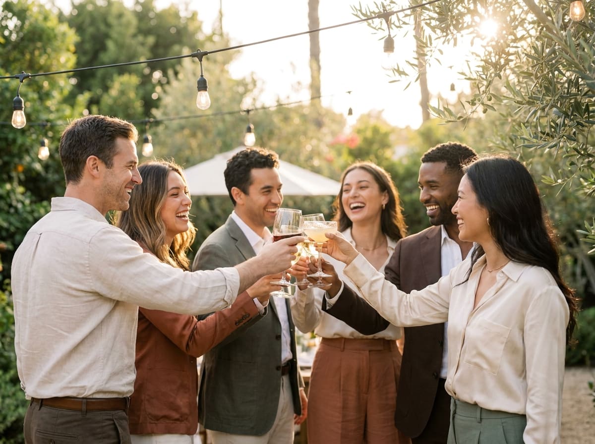 Six friends toasting with wine glasses at a sunlit outdoor garden party