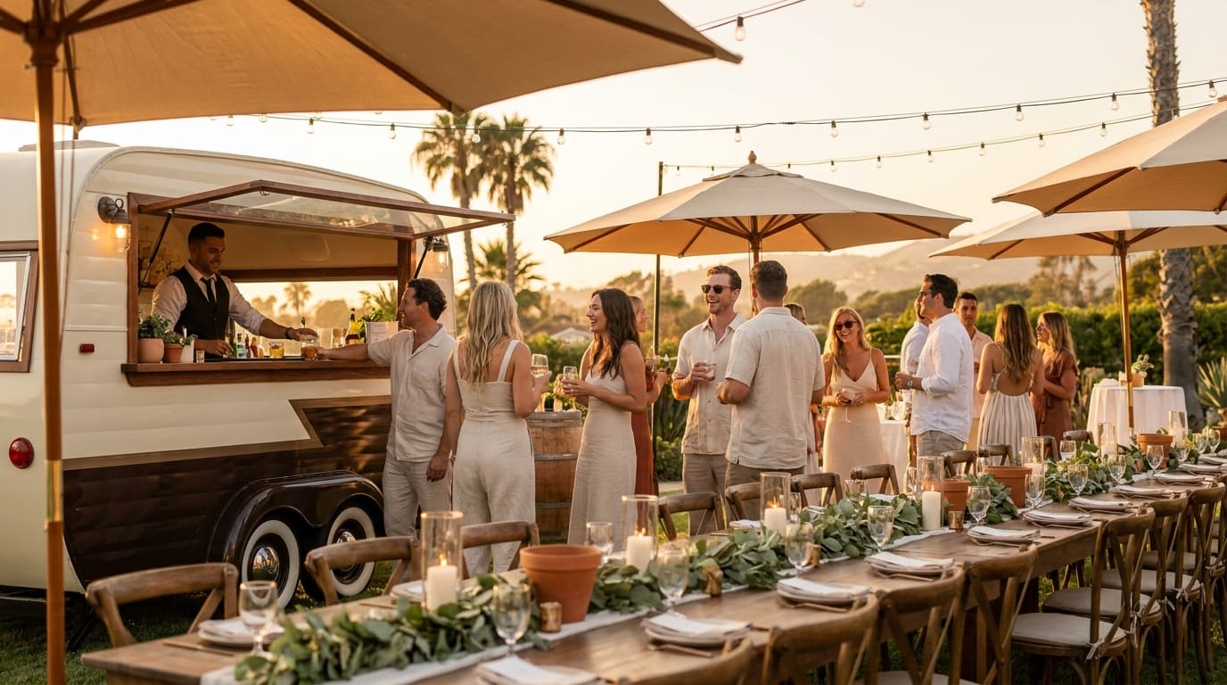 Guests mingle at an outdoor sunset event beside a vintage bar trailer